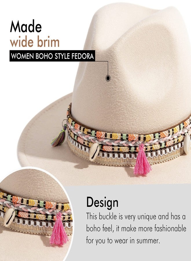 Gossifan Women's Felt Fedora Hat Wide Brim Panama Hats with Tassel-Beige - Image 3